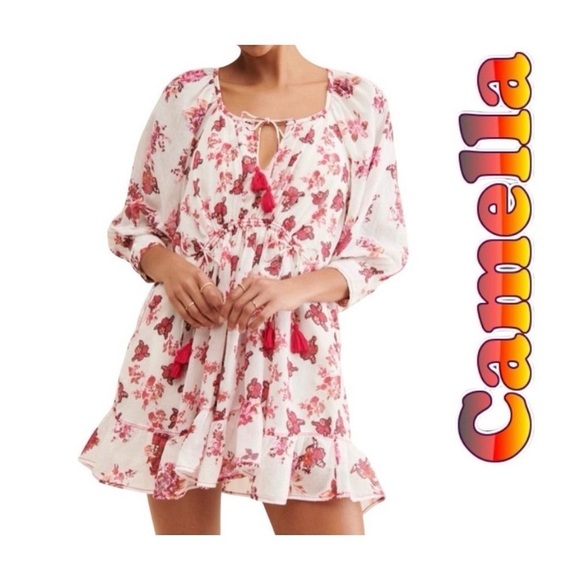 Free People Camella Mini Dress M Ivory and Pink Floral Bohemian 3/4 Sleeve - Picture 3 of 16